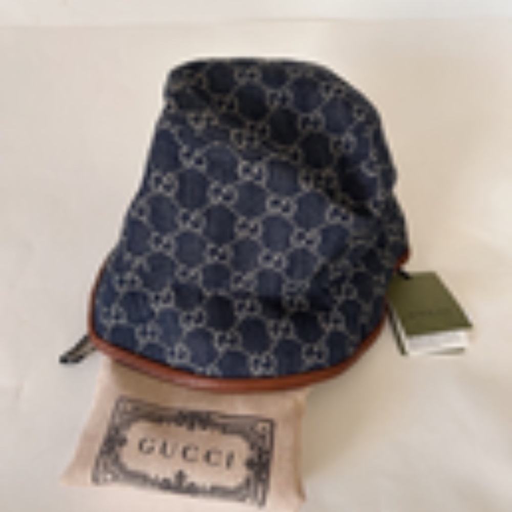 GUCCI "GG" Blue Denim Brown Leather Trim Bucket Hat Size Med 576371 UNISEX NWT - Picture 7 of 12